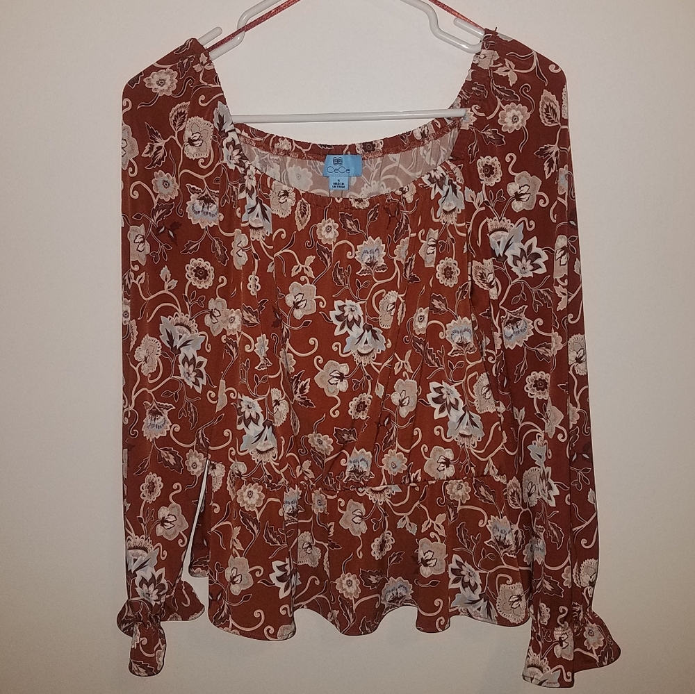 CeCe, brown floral long sleeve top, Small